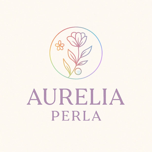 Logo von AURELIA PERLA: Kreisförmiges Emblem mit stilisierter Blumenillustration in Pastellfarben, darunter der Markenname in eleganter Serifenschrift.“